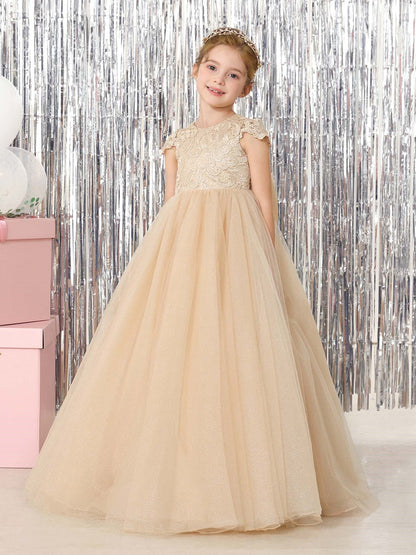 Robe Princesse en Tulle Manches Courtes Col Rond Longueur Au Sol pour Petite Fille d'Honneur