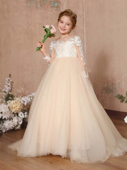 Robe Princesse en Tulle Satinée Manches Longues Bretelles Capes Longueur Au Sol pour Petite Fille d'Honneur