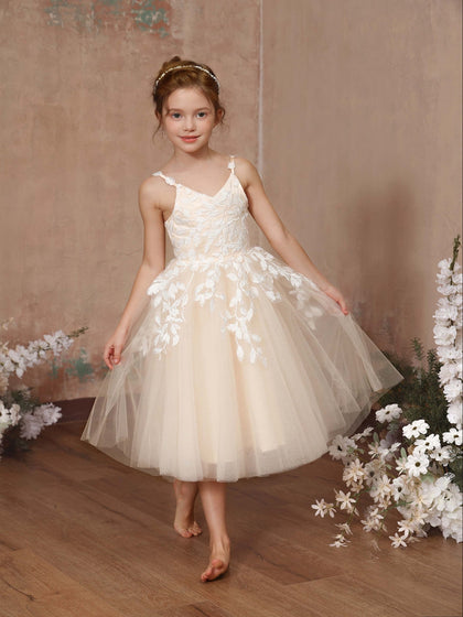 Robe Princesse en Tulle sans Manches Col en V Longueur Au Genou pour Petite Fille d'Honneur