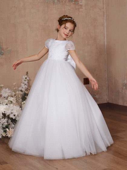 Robe Princesse en Tulle Manches Courtes Col Rond Longueur Au Sol pour Petite Fille d'Honneur