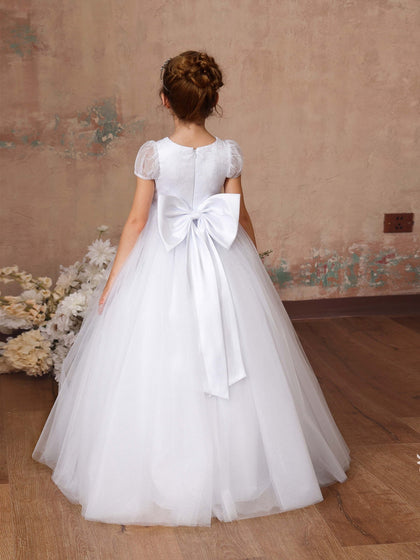 Robe Princesse en Tulle Manches Courtes Col Rond Longueur Au Sol pour Petite Fille d'Honneur