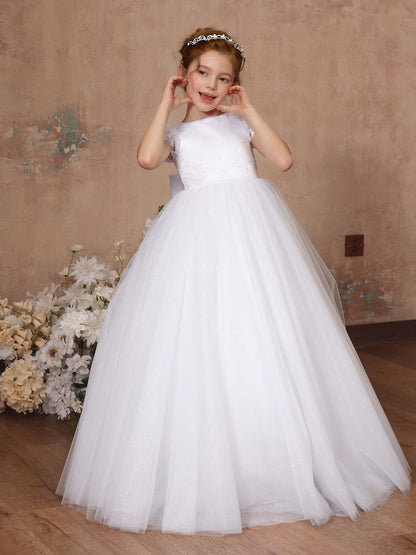 Robe Princesse en Tulle Manches Courtes Col Rond Longueur Au Sol pour Petite Fille d'Honneur