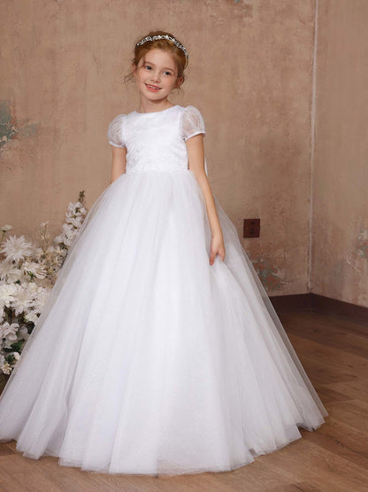 Robe Princesse en Tulle Manches Courtes Col Rond Longueur Au Sol pour Petite Fille d'Honneur