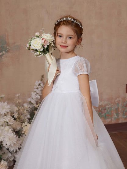 Robe Princesse en Tulle Manches Courtes Col Rond Longueur Au Sol pour Petite Fille d'Honneur