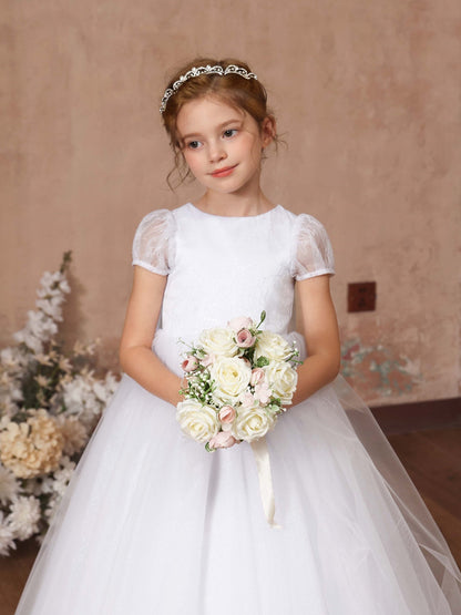 Robe Princesse en Tulle Manches Courtes Col Rond Longueur Au Sol pour Petite Fille d'Honneur