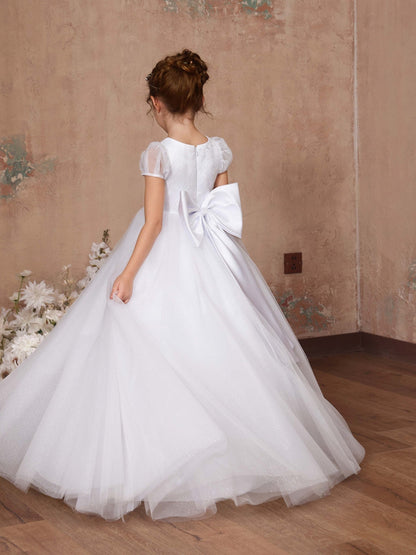 Robe Princesse en Tulle Manches Courtes Col Rond Longueur Au Sol pour Petite Fille d'Honneur