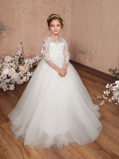 Robe Princesse en Dentelle et Tulle Manches 3/4 Col Rond Longueur Au Sol pour Petite Fille d'Honneur