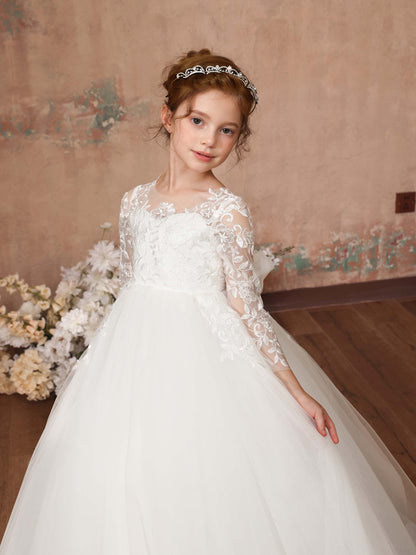 Robe Princesse en Dentelle et Tulle Manches 3/4 Col Rond Longueur Au Sol pour Petite Fille d'Honneur