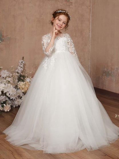 Robe Princesse en Dentelle et Tulle Manches 3/4 Col Rond Longueur Au Sol pour Petite Fille d'Honneur