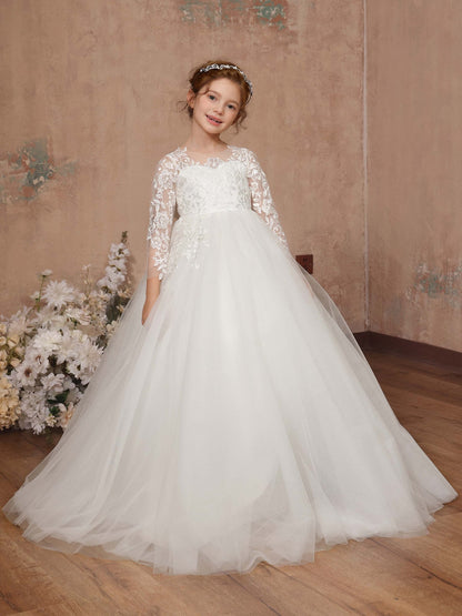 Robe Princesse en Dentelle et Tulle Manches 3/4 Col Rond Longueur Au Sol pour Petite Fille d'Honneur