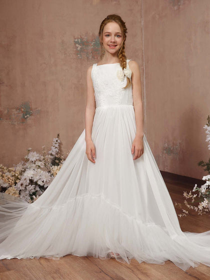 Robe Princesse en Tulle sans Manches Col Carré Longueur Au Sol pour Petite Fille d'Honneur