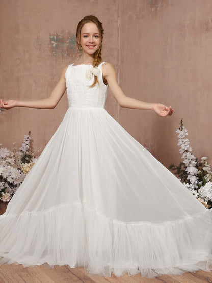 Robe Princesse en Tulle sans Manches Col Carré Longueur Au Sol pour Petite Fille d'Honneur