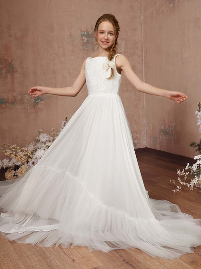 Robe Princesse en Tulle sans Manches Col Carré Longueur Au Sol pour Petite Fille d'Honneur