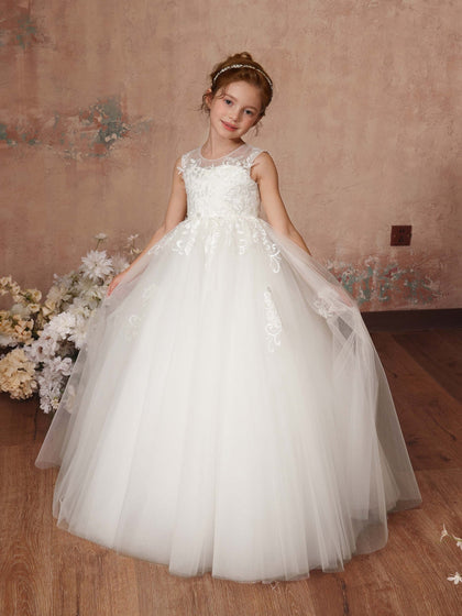 Robe Princesse en Tulle sans Manches Col Rond Longueur Au Sol pour Petite Fille d'Honneur