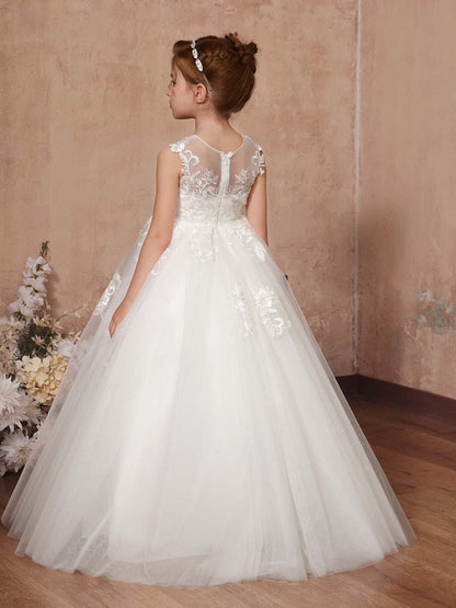 Robe Princesse en Tulle sans Manches Col Rond Longueur Au Sol pour Petite Fille d'Honneur