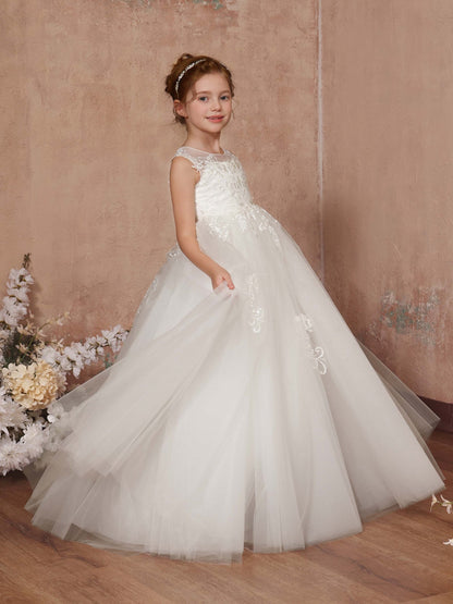 Robe Princesse en Tulle sans Manches Col Rond Longueur Au Sol pour Petite Fille d'Honneur