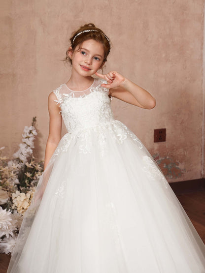 Robe Princesse en Tulle sans Manches Col Rond Longueur Au Sol pour Petite Fille d'Honneur