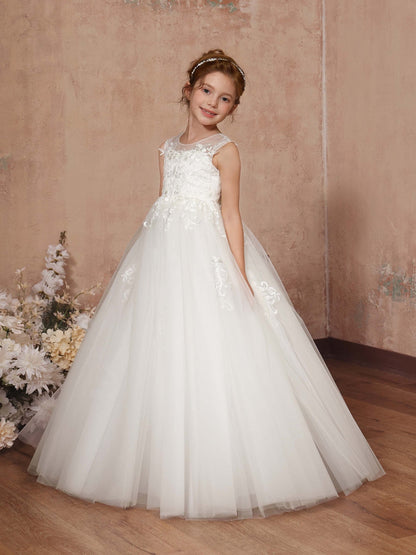 Robe Princesse en Tulle sans Manches Col Rond Longueur Au Sol pour Petite Fille d'Honneur