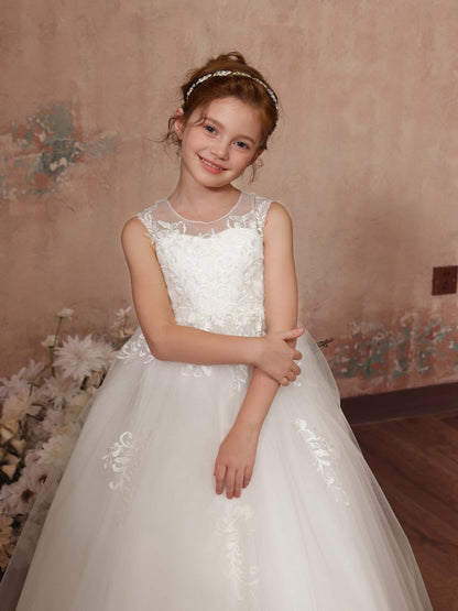 Robe Princesse en Tulle sans Manches Col Rond Longueur Au Sol pour Petite Fille d'Honneur