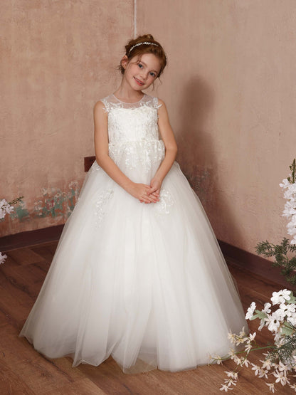 Robe Princesse en Tulle sans Manches Col Rond Longueur Au Sol pour Petite Fille d'Honneur