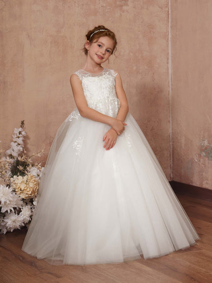 Robe Princesse en Tulle sans Manches Col Rond Longueur Au Sol pour Petite Fille d'Honneur