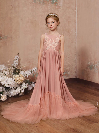 Robe Princesse en Chiffon sans Manches Col Carré Longueur Au Sol pour Petite Fille d'Honneur