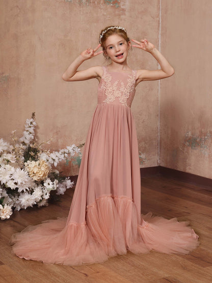 Robe Princesse en Chiffon sans Manches Col Carré Longueur Au Sol pour Petite Fille d'Honneur