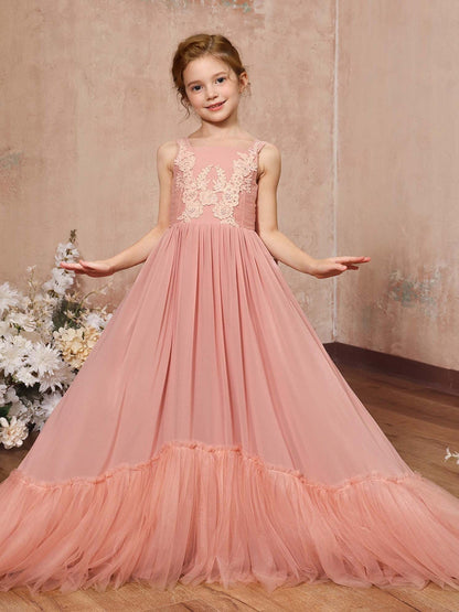 Robe Princesse en Chiffon sans Manches Col Carré Longueur Au Sol pour Petite Fille d'Honneur