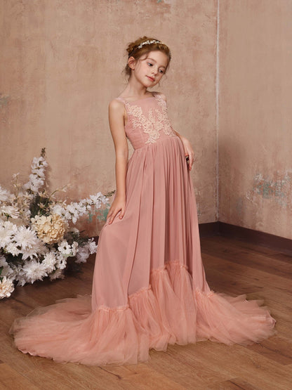 Robe Princesse en Chiffon sans Manches Col Carré Longueur Au Sol pour Petite Fille d'Honneur