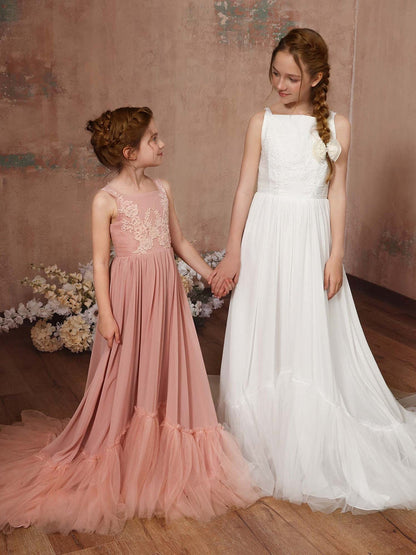 Robe Princesse en Chiffon sans Manches Col Carré Longueur Au Sol pour Petite Fille d'Honneur