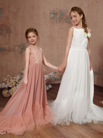 Robe Princesse en Chiffon sans Manches Col Carré Longueur Au Sol pour Petite Fille d'Honneur