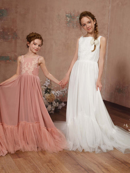 Robe Princesse en Chiffon sans Manches Col Carré Longueur Au Sol pour Petite Fille d'Honneur