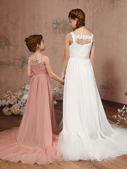 Robe Princesse en Chiffon sans Manches Col Carré Longueur Au Sol pour Petite Fille d'Honneur