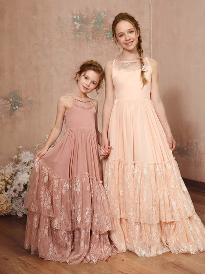 Robe Princesse en Dentelle et Chiffon sans Manches Col Rond Longueur Au Sol pour Petite Fille d'Honneur