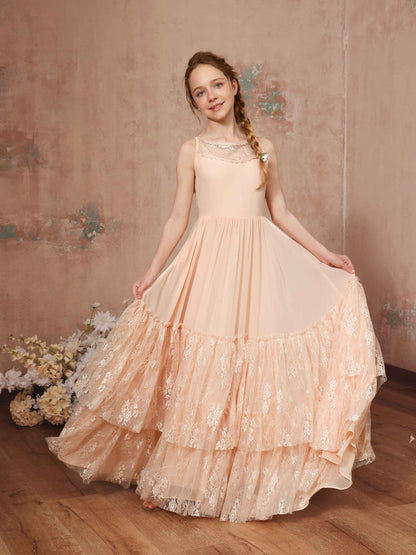 Robe Princesse en Chiffon sans Manches Col Rond Longueur Au Sol pour Petite Fille d'Honneur