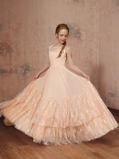 Robe Princesse en Chiffon sans Manches Col Rond Longueur Au Sol pour Petite Fille d'Honneur