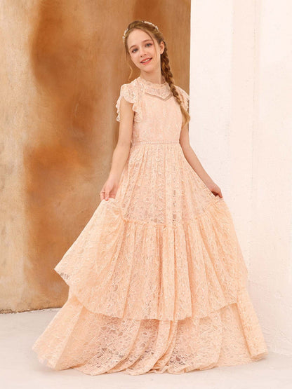 Robe Princesse en Dentelle Manches Courtes Col Rond Longueur Au Sol pour Petite Fille d'Honneur