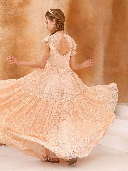 Robe Princesse en Dentelle Manches Courtes Col Rond Longueur Au Sol pour Petite Fille d'Honneur