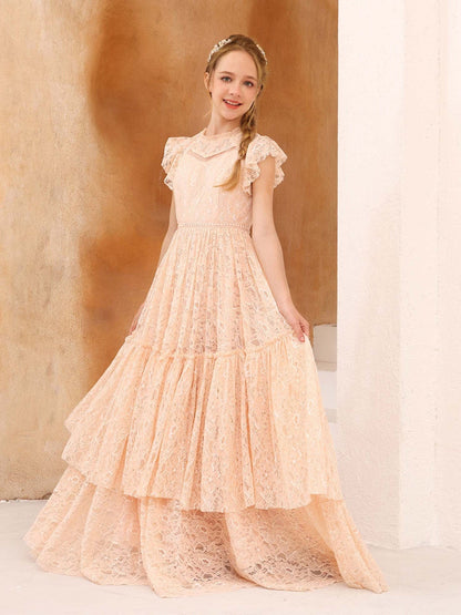 Robe Princesse en Dentelle Manches Courtes Col Rond Longueur Au Sol pour Petite Fille d'Honneur