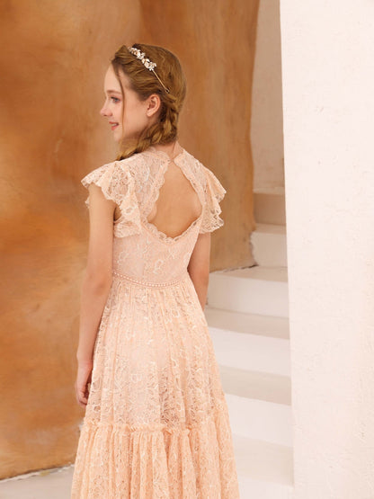 Robe Princesse en Dentelle Manches Courtes Col Rond Longueur Au Sol pour Petite Fille d'Honneur