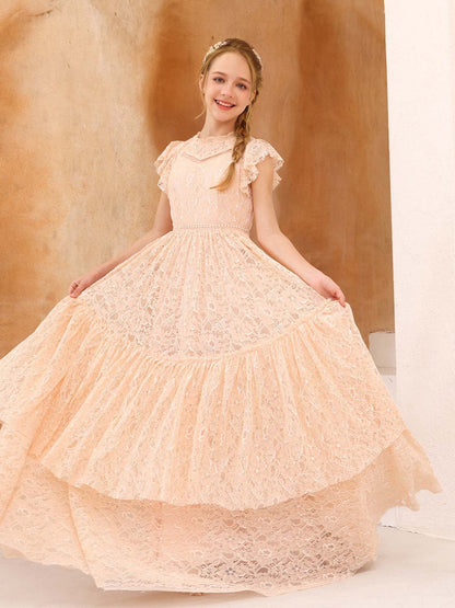 Robe Princesse en Dentelle Manches Courtes Col Rond Longueur Au Sol pour Petite Fille d'Honneur