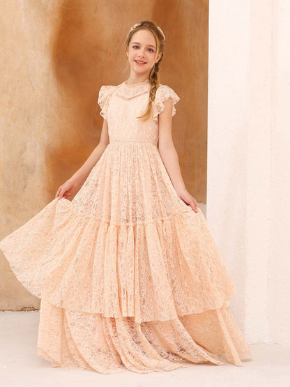 Robe Princesse en Dentelle Manches Courtes Col Rond Longueur Au Sol pour Petite Fille d'Honneur