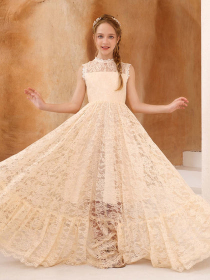 Robe Princesse en Dentelle sans Manches Col Rond Longueur Au Sol pour Petite Fille d'Honneur