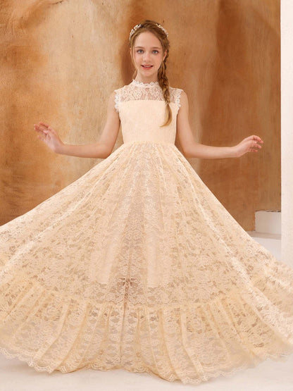 Robe Princesse en Dentelle sans Manches Col Rond Longueur Au Sol pour Petite Fille d'Honneur