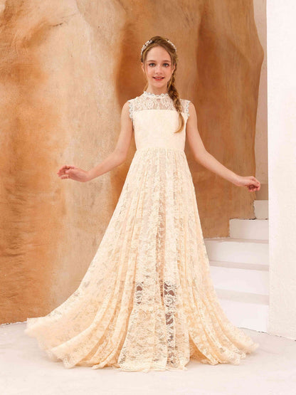 Robe Princesse en Dentelle sans Manches Col Rond Longueur Au Sol pour Petite Fille d'Honneur