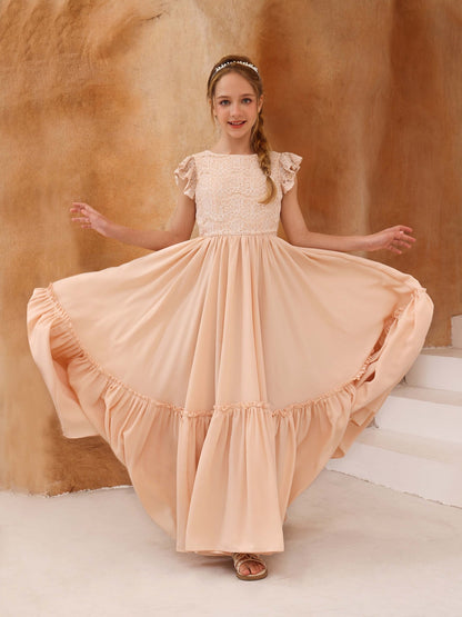 Robe Princesse en Dentelle Manches Courtes Col Rond Longueur Au Sol pour Petite Fille d'Honneur