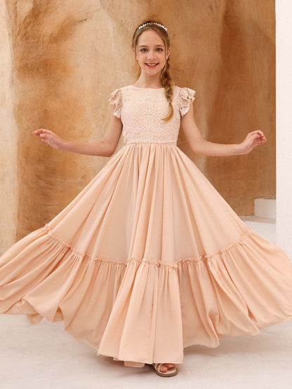 Robe Princesse en Dentelle Manches Courtes Col Rond Longueur Au Sol pour Petite Fille d'Honneur