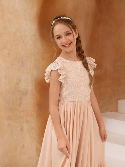 Robe Princesse en Dentelle Manches Courtes Col Rond Longueur Au Sol pour Petite Fille d'Honneur