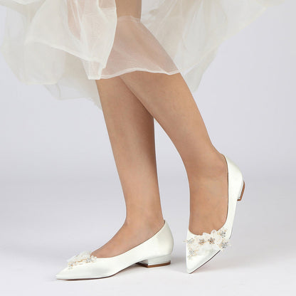 Chaussures de Soirée à Talon Plat et Bout Fermé En Satin de Soie pour Femmes avec Fleurs