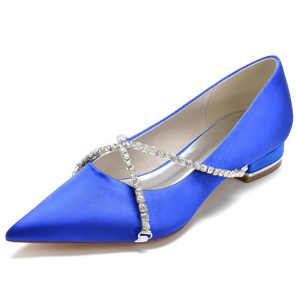 Chaussures de Mariage à Talon Plat En Satin de Soie pour Femmes avec Bout Fermé et Strass